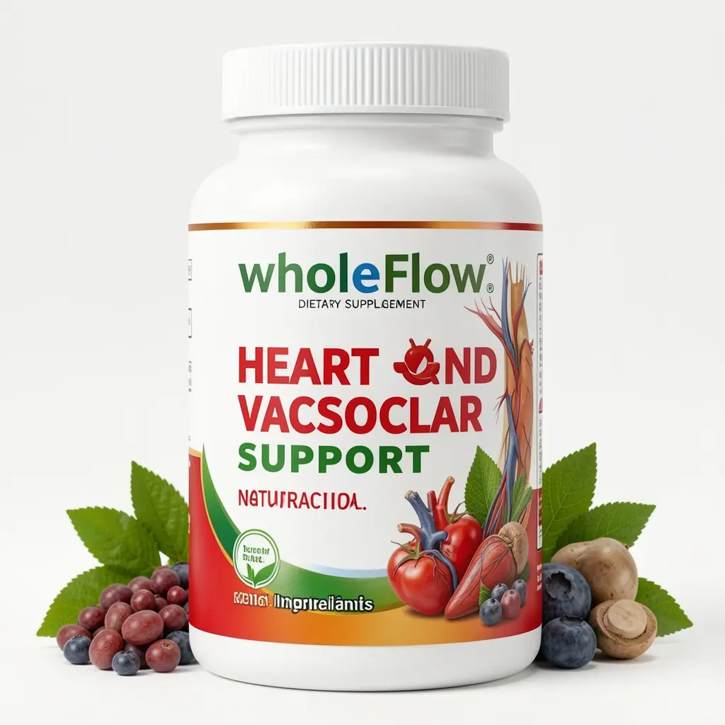 WholeFlow dietary supplement bottle with natural ingredients for heart and vascular support